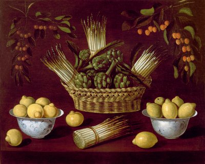 Still Life with Asparagus, Artichokes, Lemons and Cherries by Blas de Ledesma